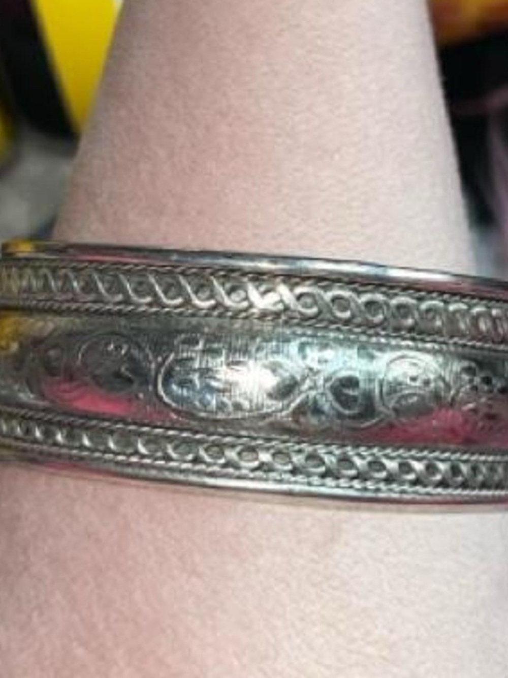 Vintage Silver tone cuff bangle bracelet with floral and scrollwork engraving